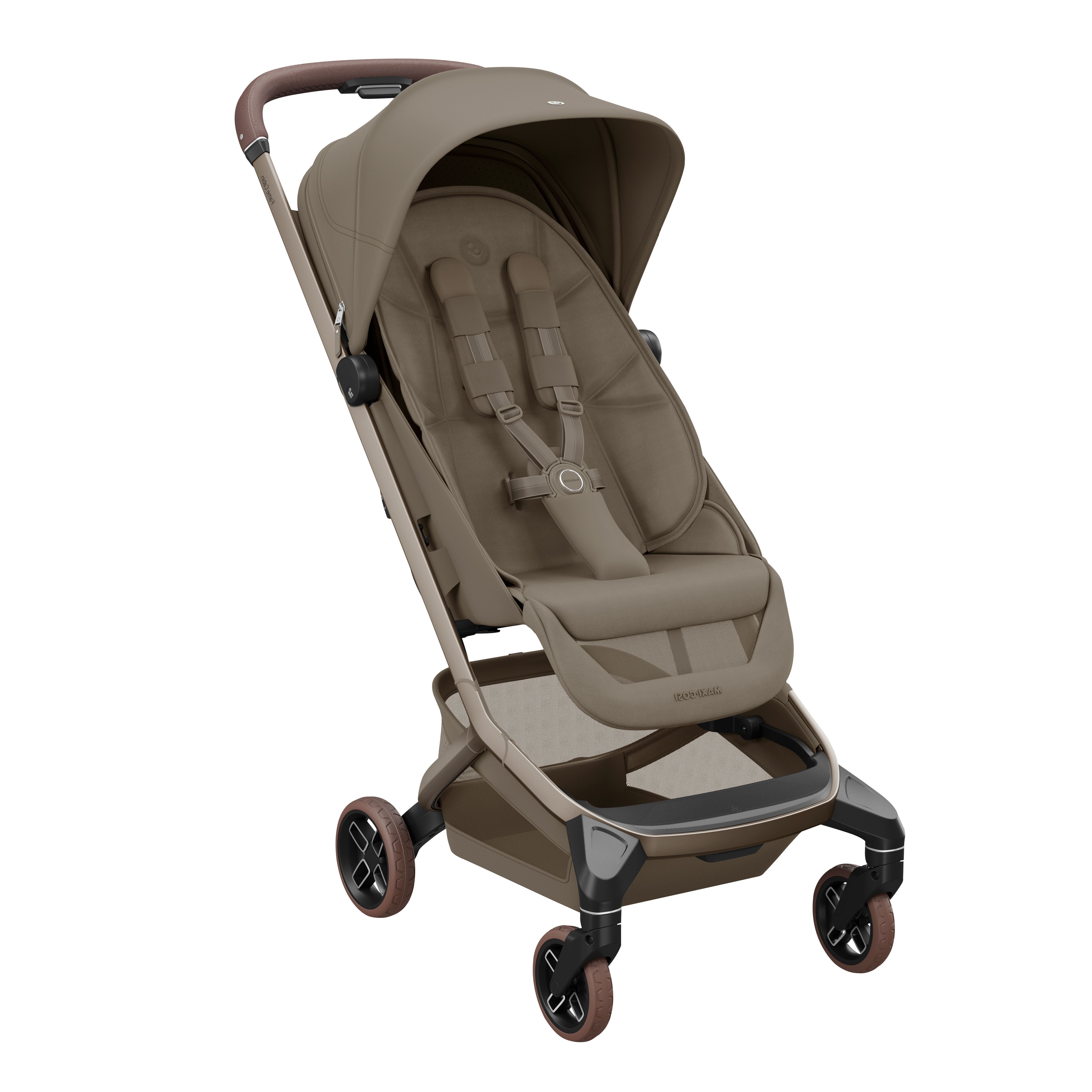 A lightweight, brown stroller with a canopy and safety harness.