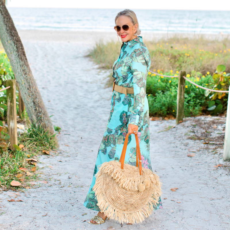 Sheree Frede wearing cotton mermaid green floral skirt with matching shirt blouse in Sanibel Island by Ala von Auersperg