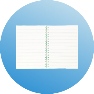 Open notebook with lined pages on a blue background.