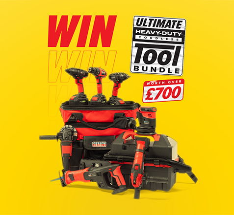 A tool bundle promotion with a bright yellow background and prize details.