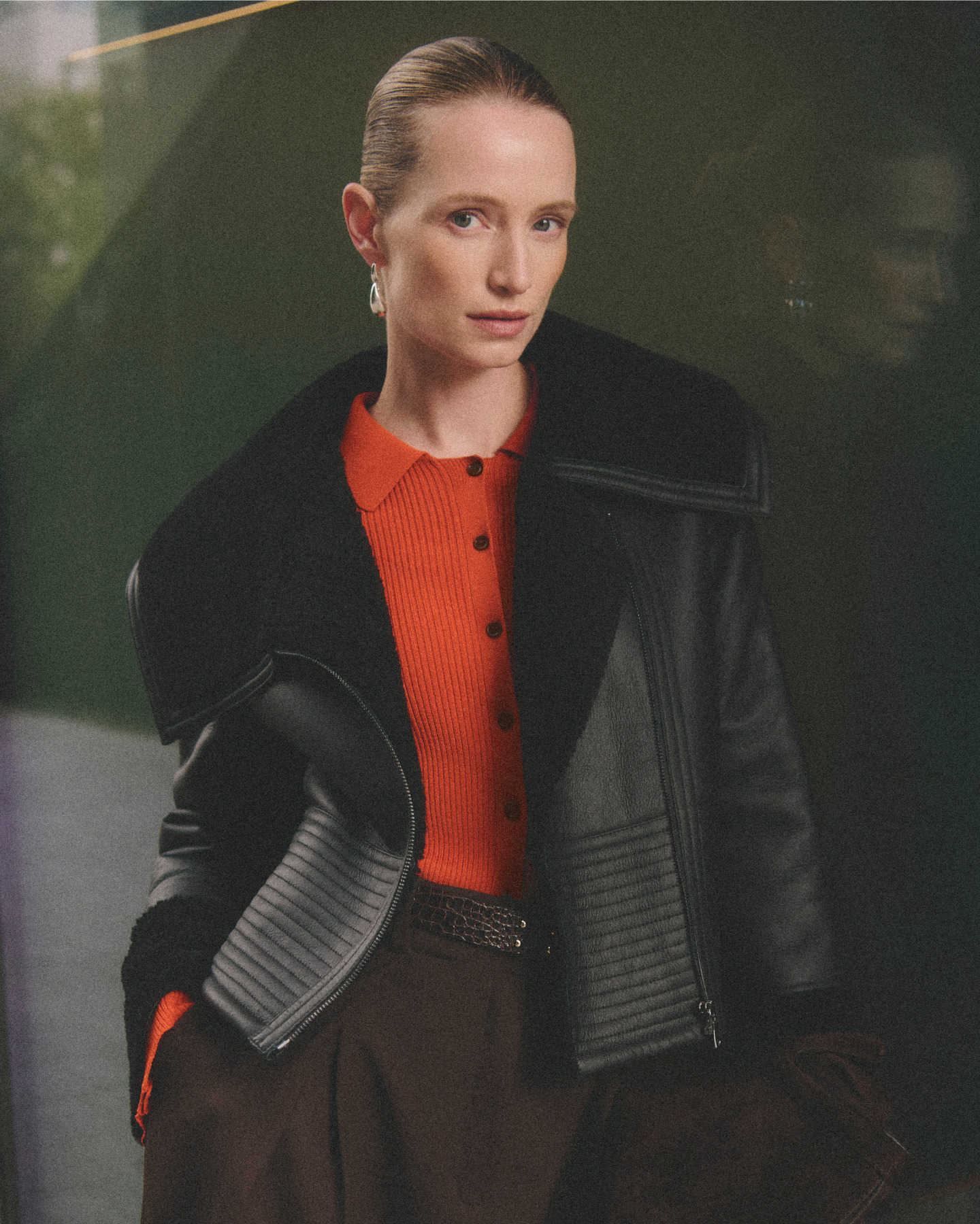 Model wearing black Alteri Shearling Coat