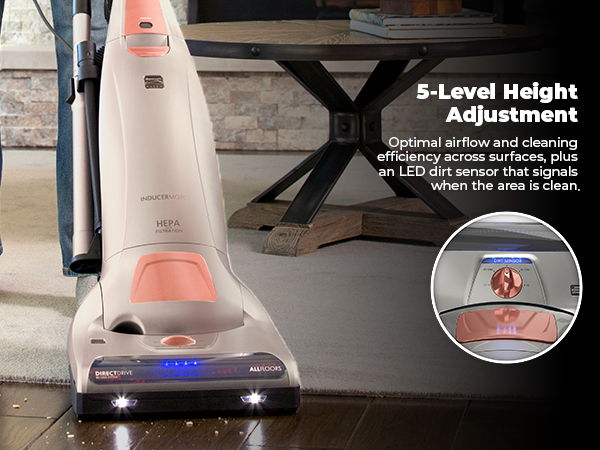 Vacuum cleaner with 5-level height adjustment and LED dirt sensor feature.