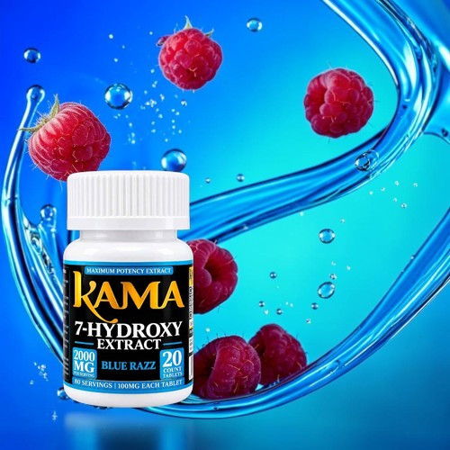 Bottle of 7-Hydroxy Extract with raspberries and water splash background.