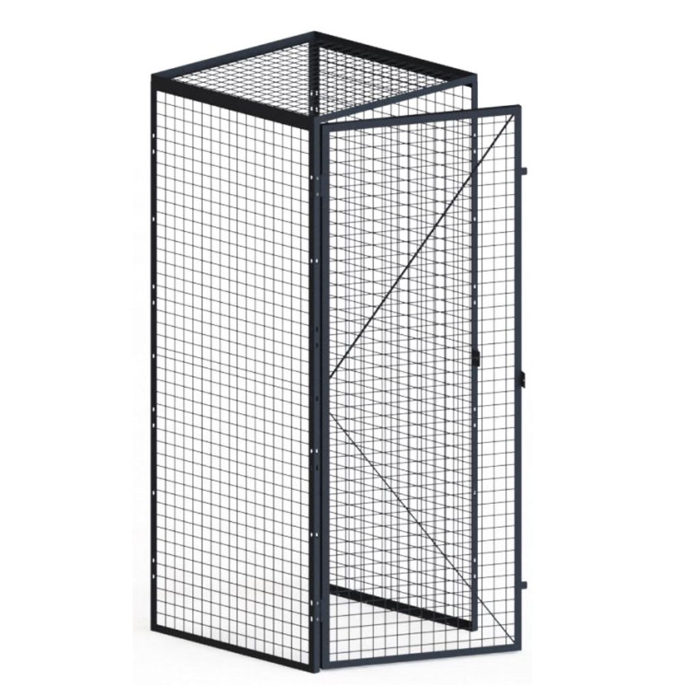 Wire mesh storage cage with an open door.