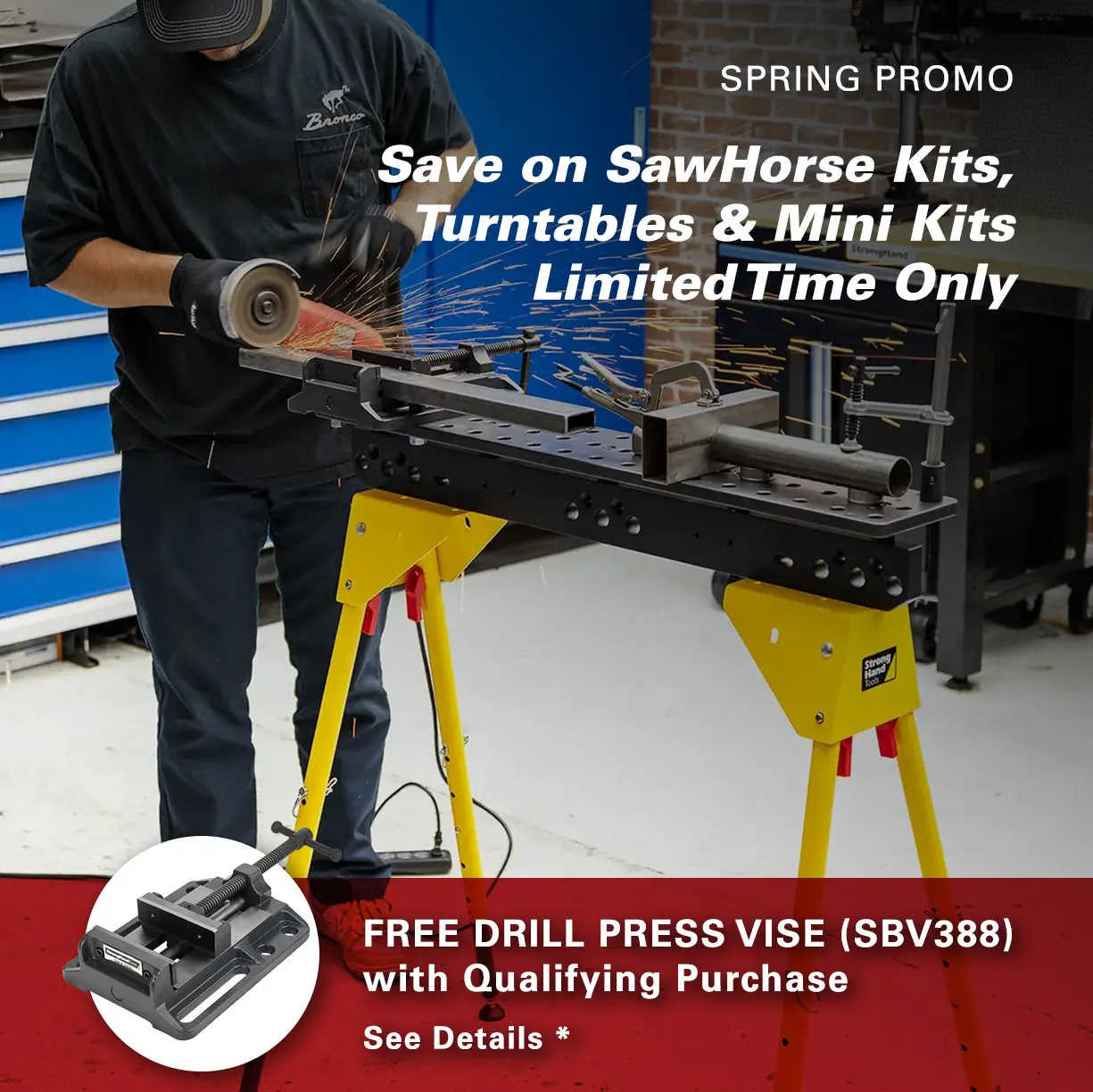 Promotional image for saw horse kits and drill press vise offer.