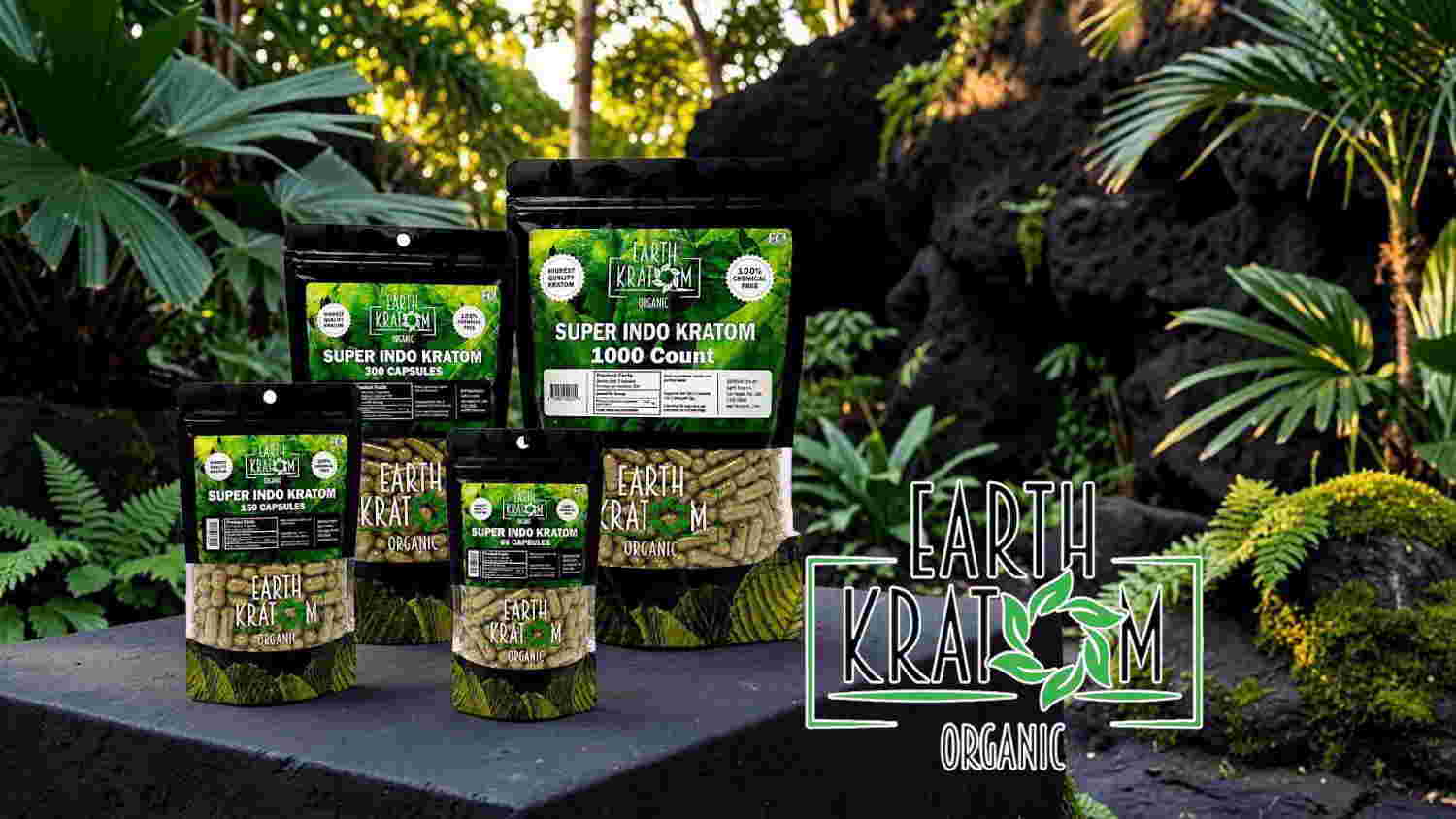 Various organic product packages displayed in a lush tropical setting.
