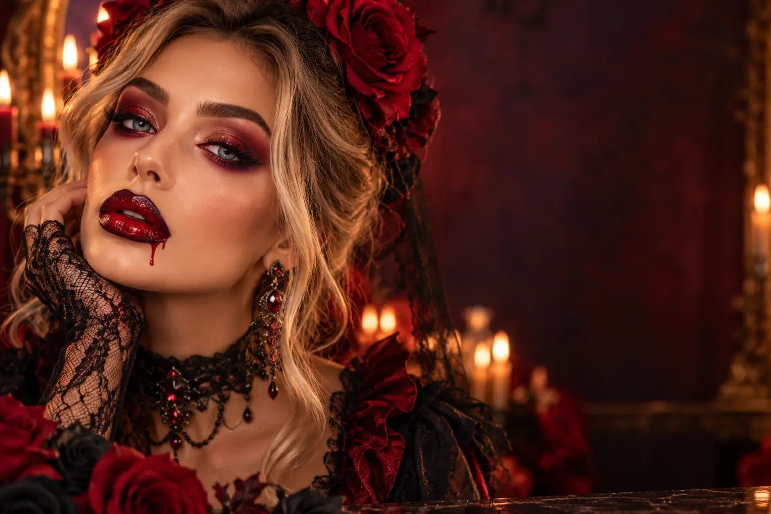 Woman with dramatic makeup and roses, set against a dark, candlelit background.