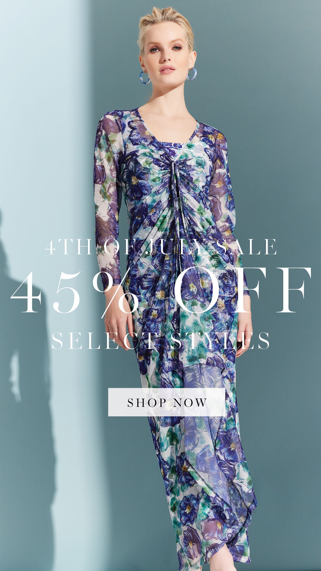 Model wearing a floral dress promoting a sale with discount information.