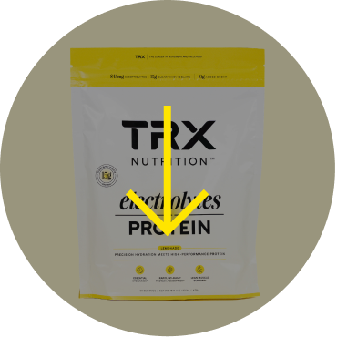 TRX Nutrition electrolytes and protein powder packaging on a yellow background.