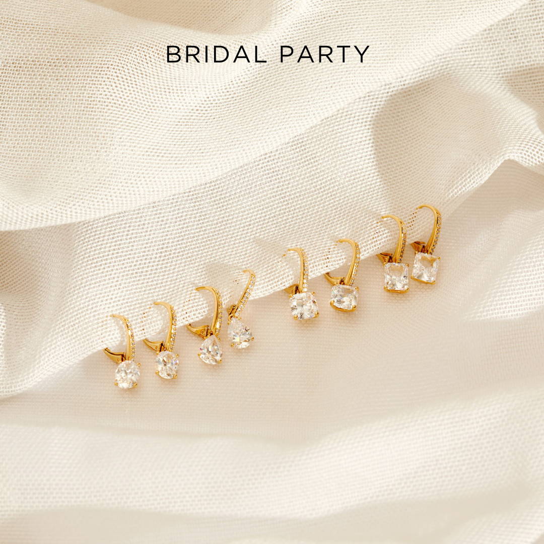 Gold drop CZ earrings. Click for bridal party jewelry.