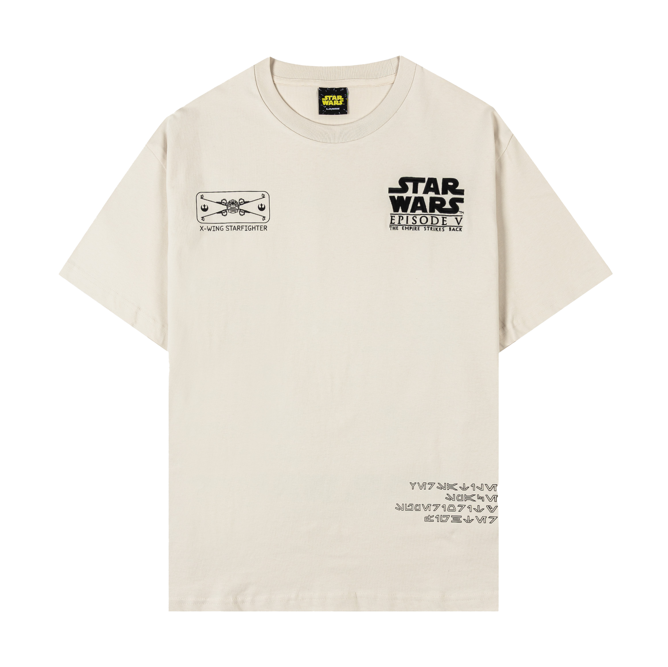 Star Wars themed beige t-shirt with graphic designs and text.