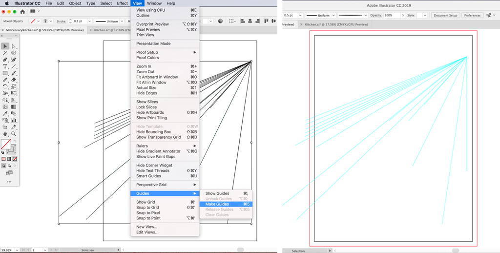 Create vanishing point lines for your illustration in Adobe Illustrator using View, Guides, and Make Guides menu options