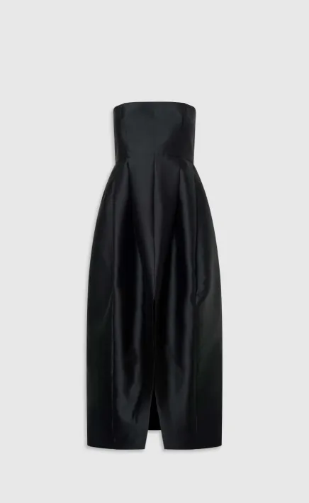 Black strapless dress with a flowing silhouette.