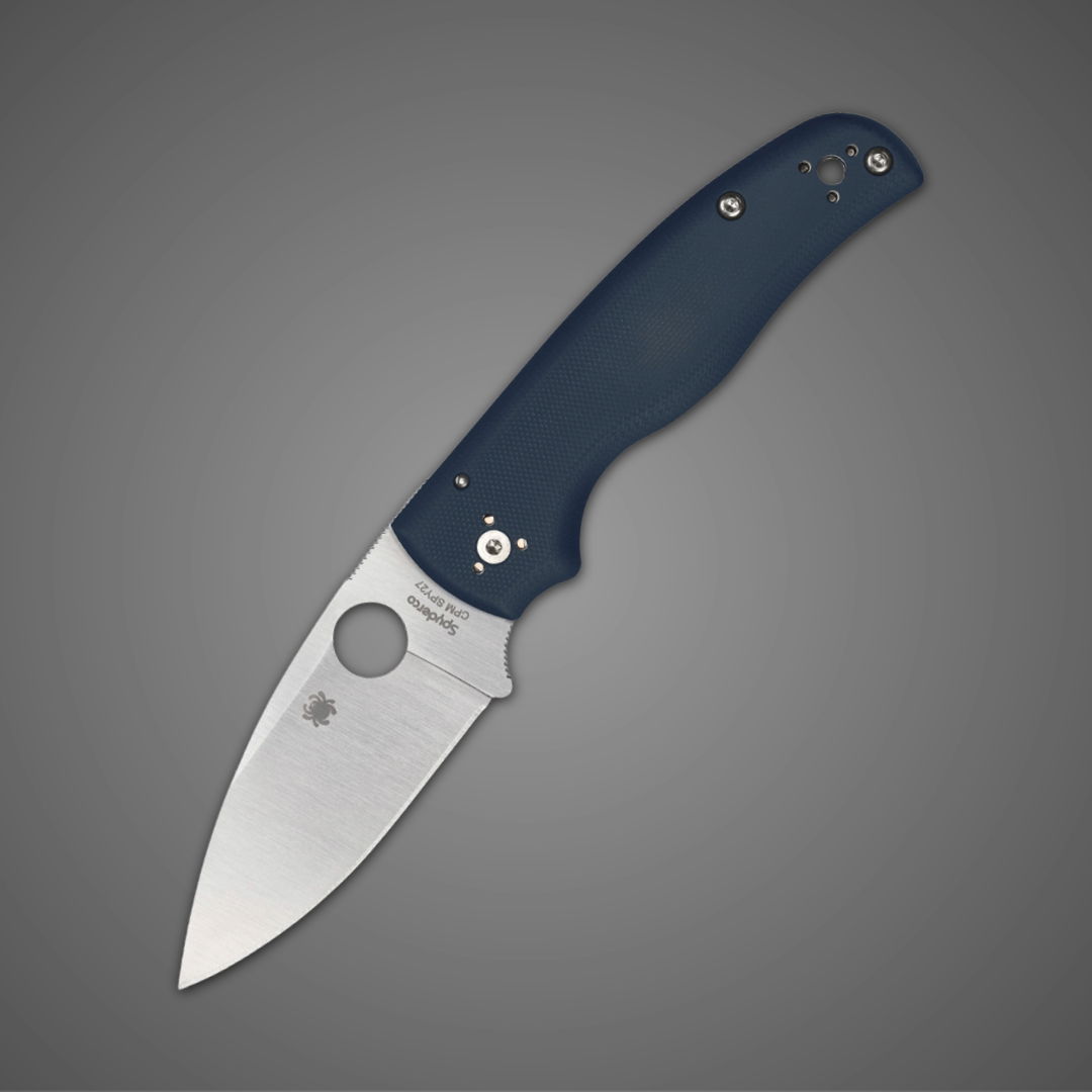 A folding knife with a blue handle and stainless steel blade.