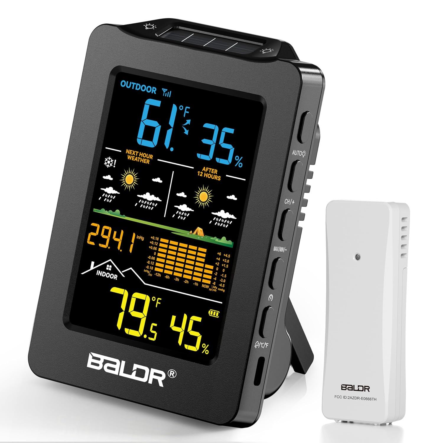 Weather station display with sensor, showing temperature and humidity readings.