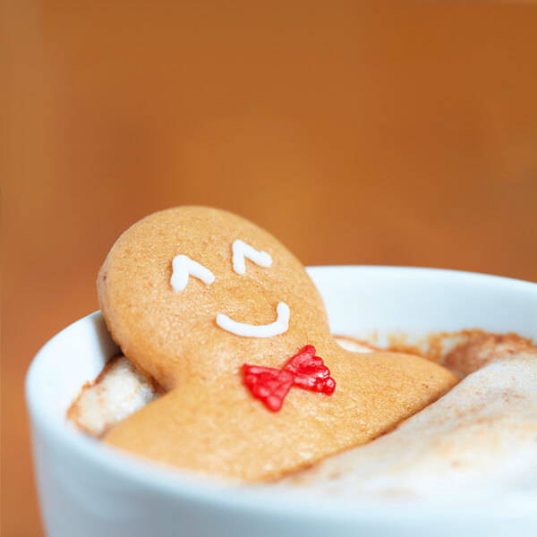 High Quality Organics Express Gingerbread man sitting in cup of hot cocoa