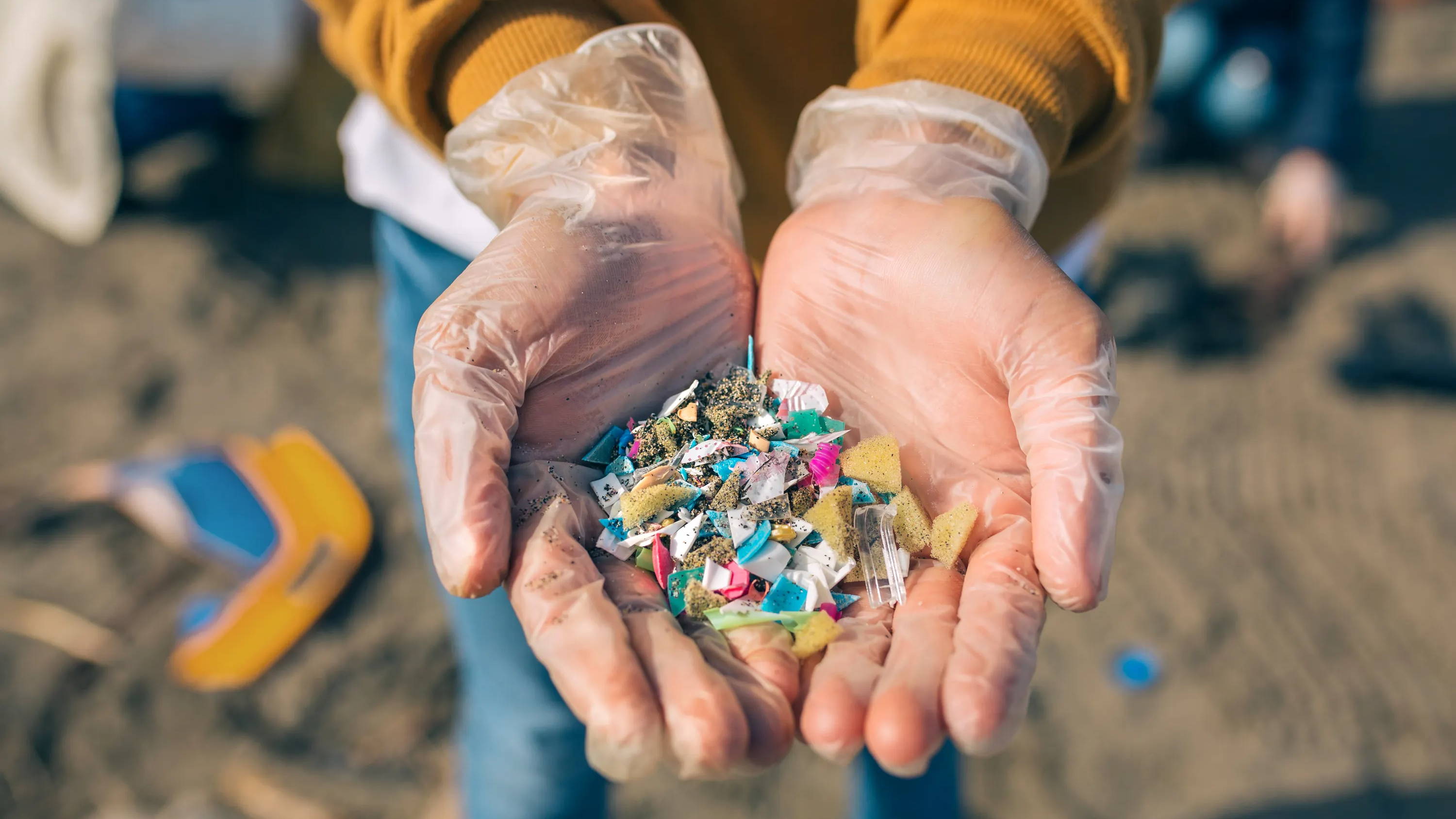 gloved hands holding microplastics that have been picked up from the beach