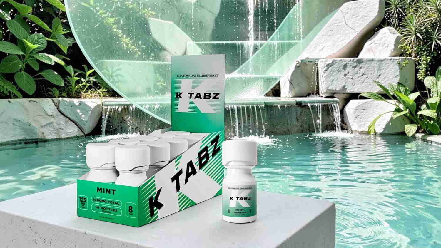 Bottles of tablets near a pool and waterfall in a tropical setting.