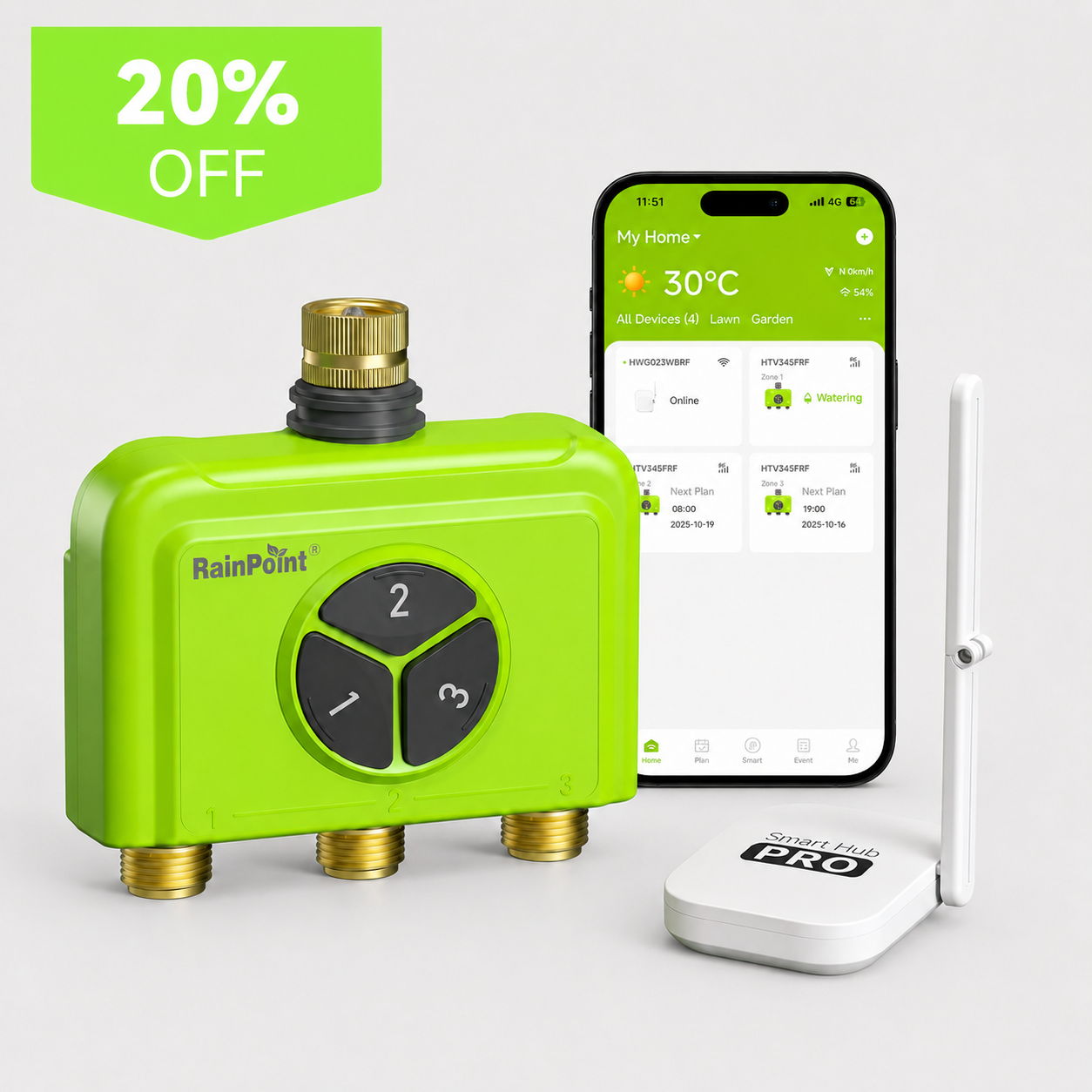 Smart home device with app, green color, 20% off promotion.