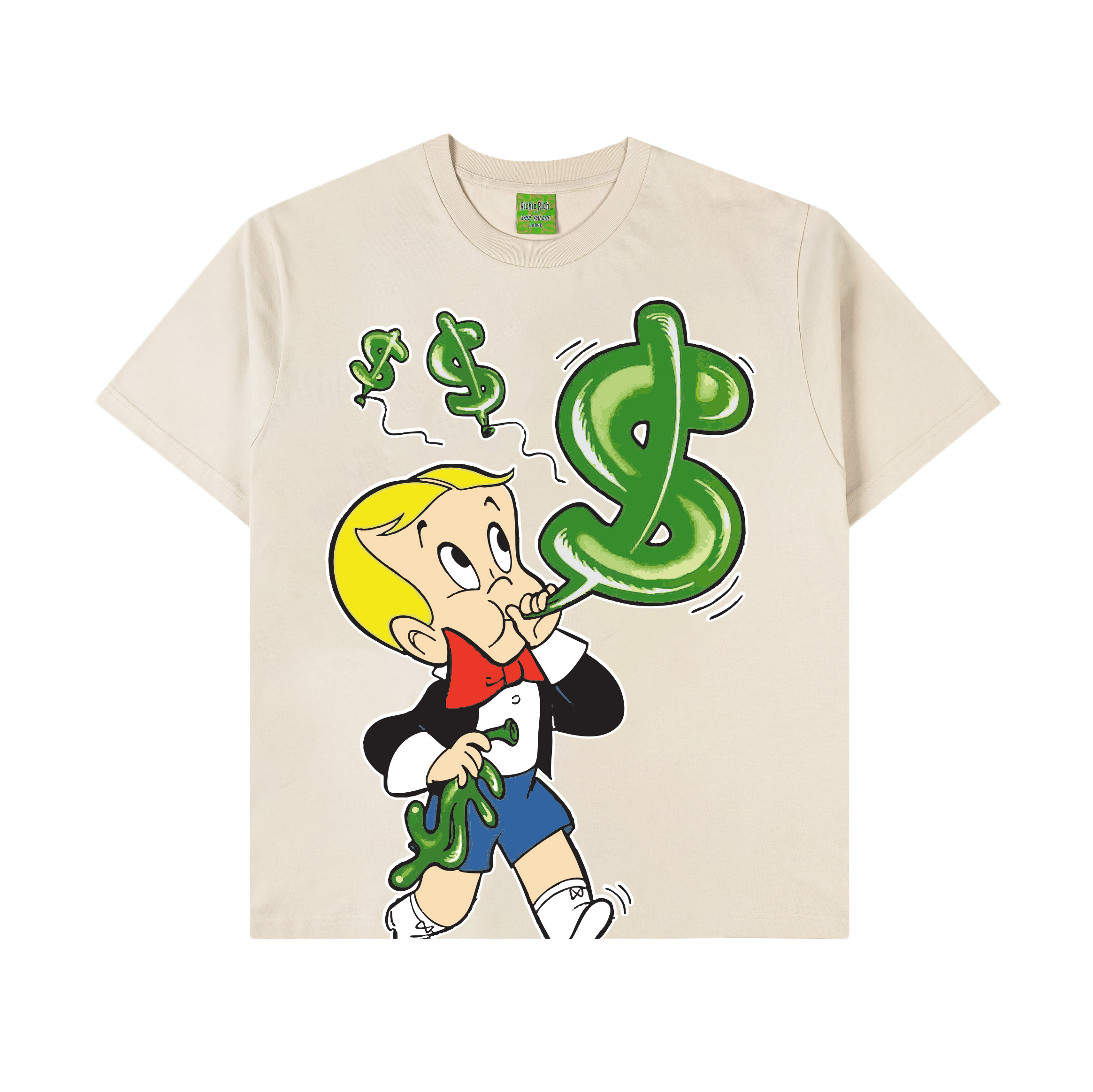 Cartoon character blowing green dollar signs on a beige t-shirt.