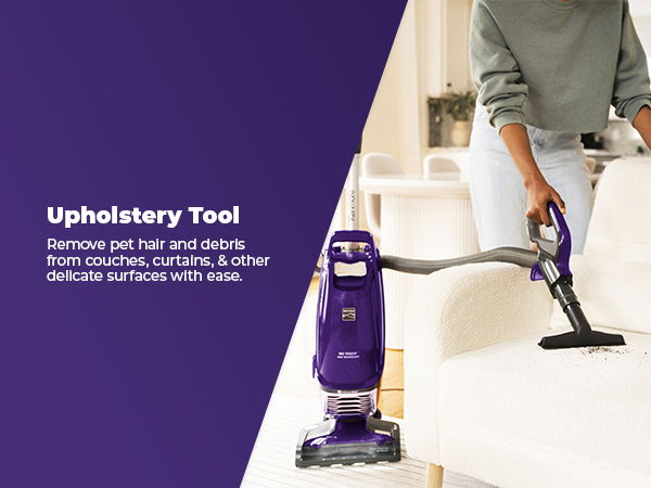 Upholstery tool for removing pet hair and debris from various surfaces.