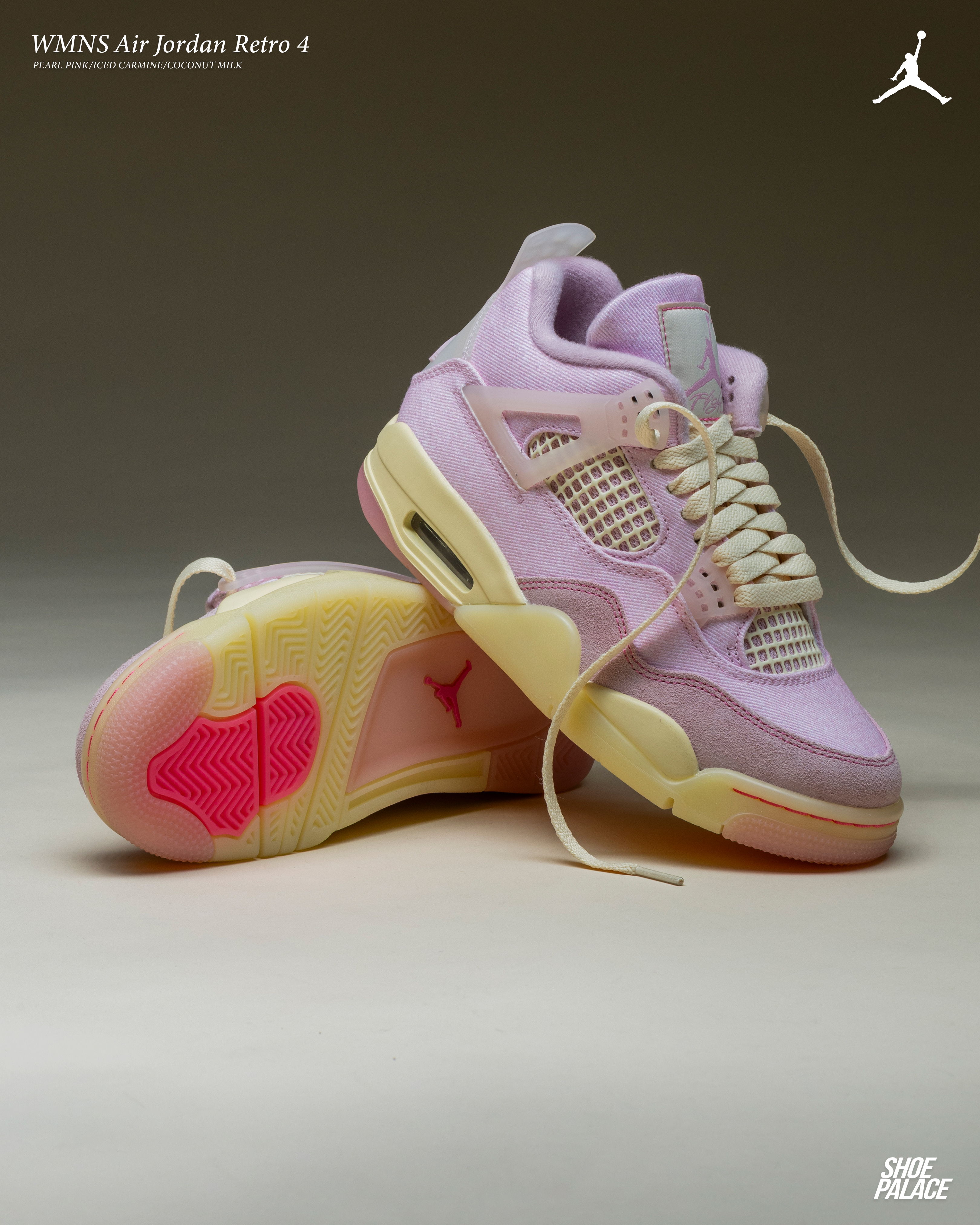 Pink and purple Air Jordan Retro 4 sneakers on a gray background.
