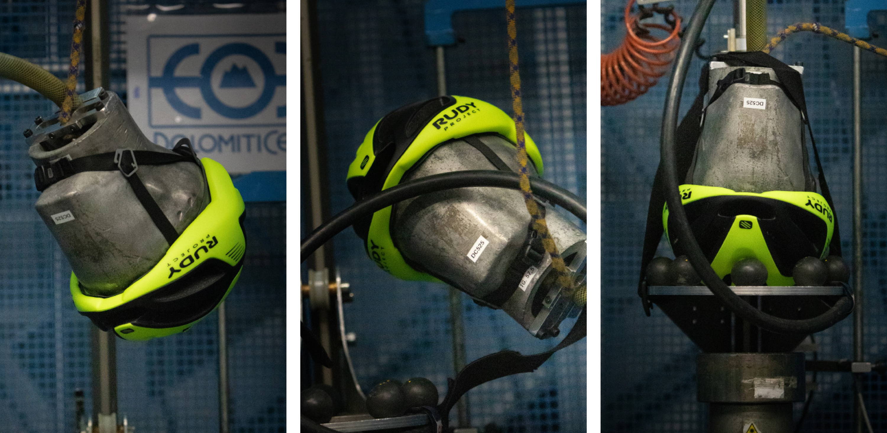 Series of images depicting laboratory crash testing helmets 