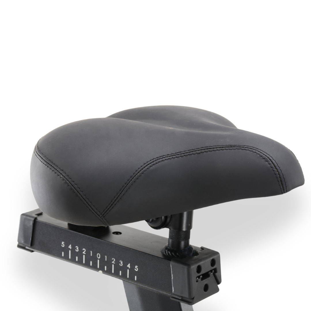 Black bicycle saddle with adjustable mount and ergonomic design.