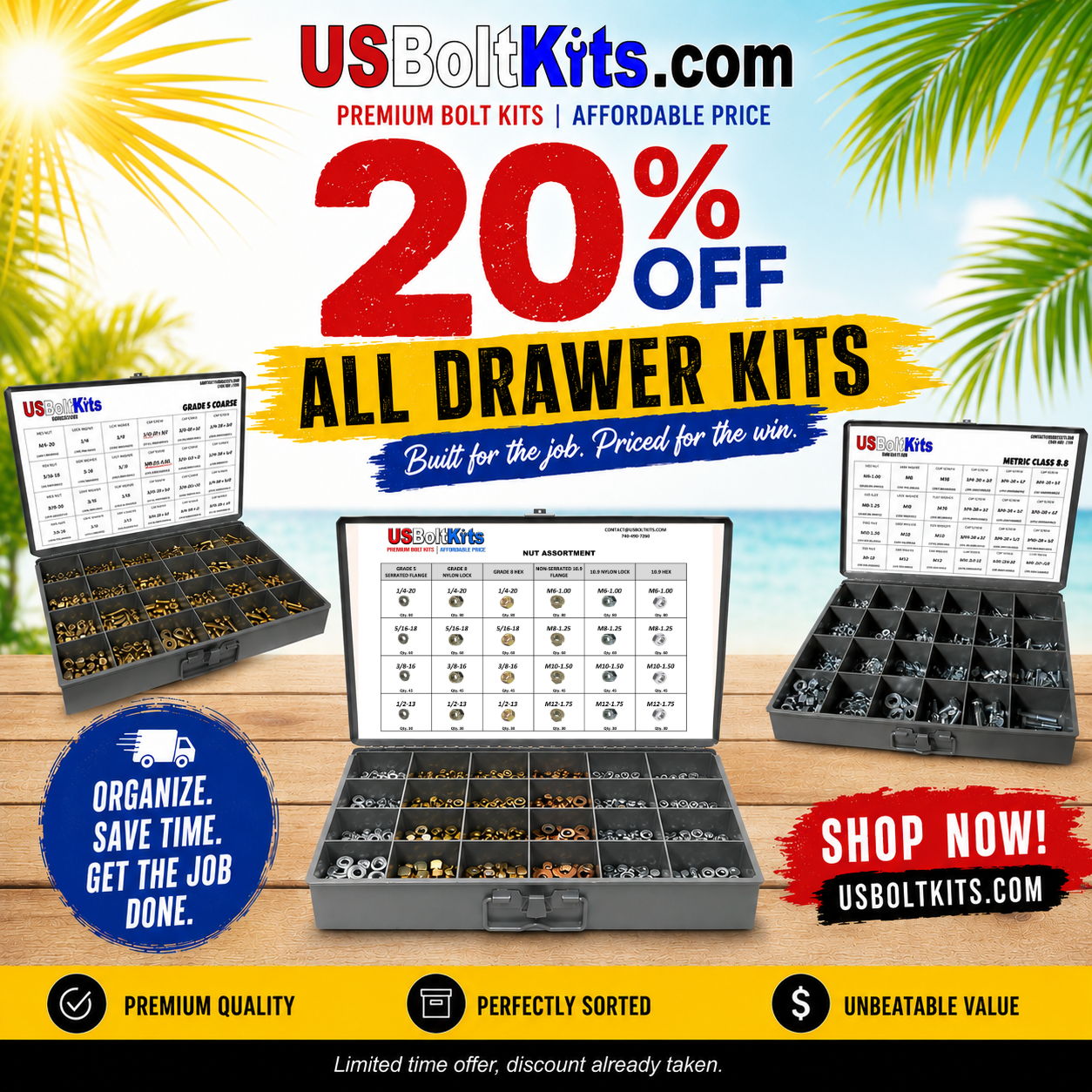 summer background with usboltkits.com drawer kits showing a 20% off sale