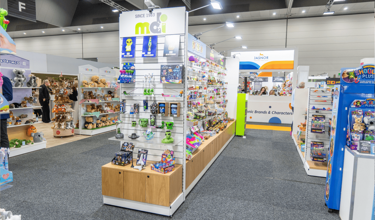 A display of toys and merchandise in a retail environment.