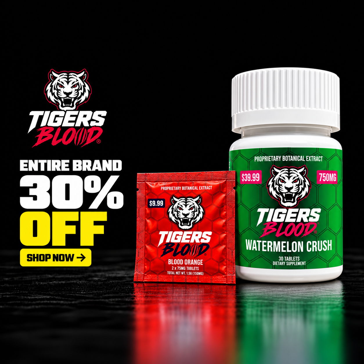 Tigers Blood products with promotional discount offer.