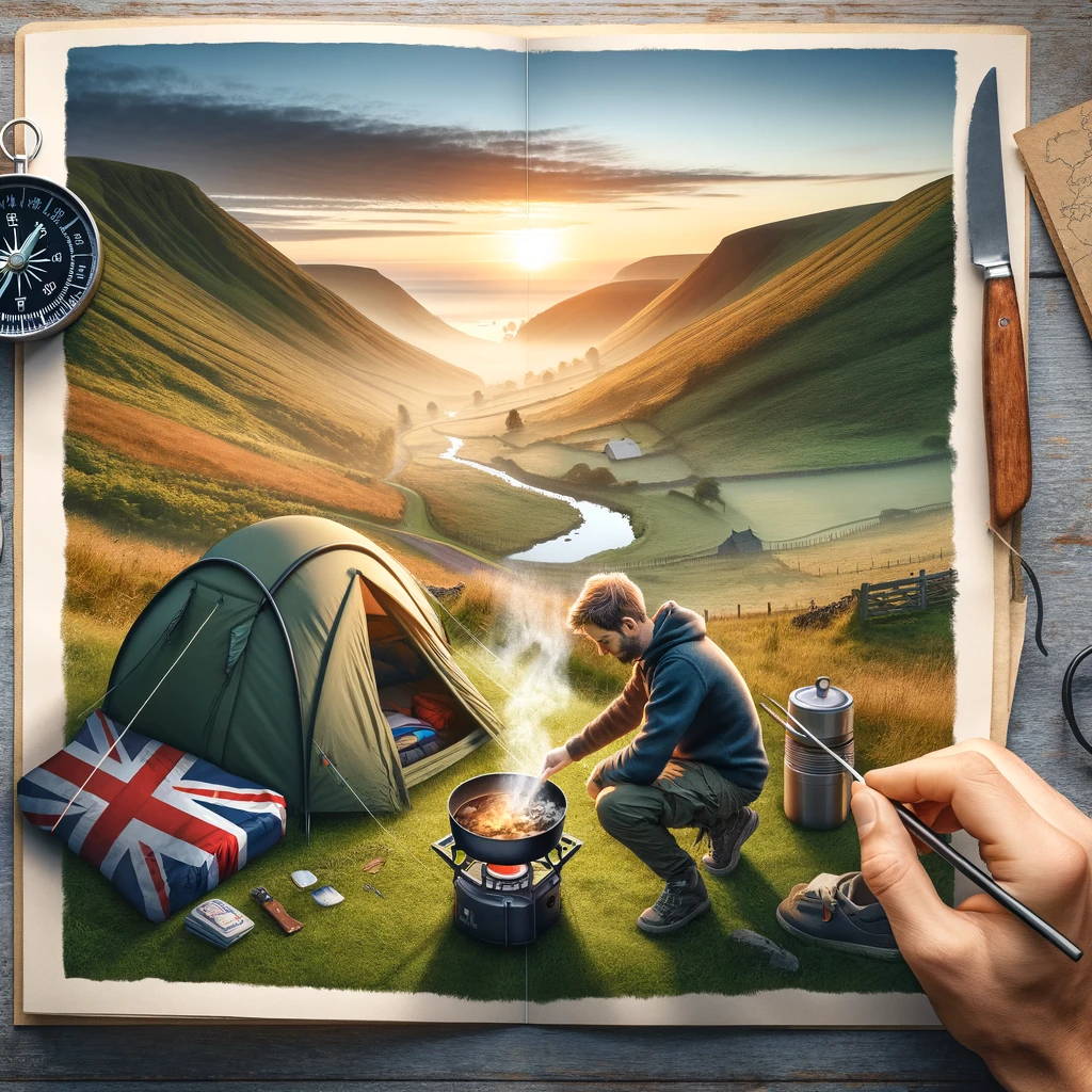 An image showing an artist's painting of an ideallic wild camping site in England