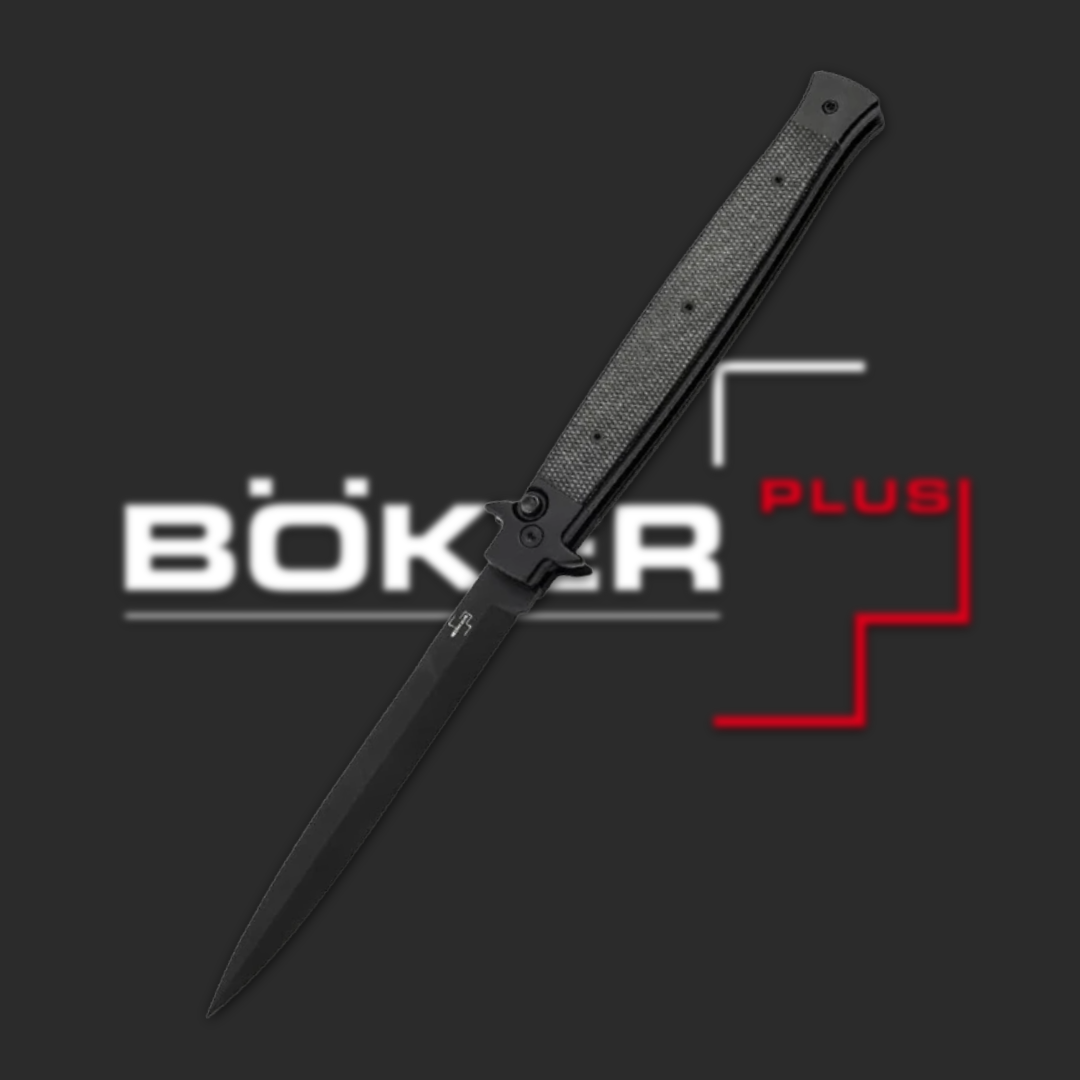 Black folding knife with a textured handle and Böker Plus logo.