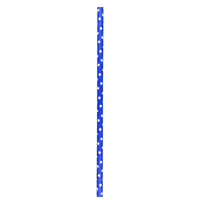 A blue paper straw with white polka dots