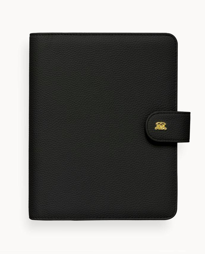 black a5 planner, closed cover with snap closure and gold day designer logo