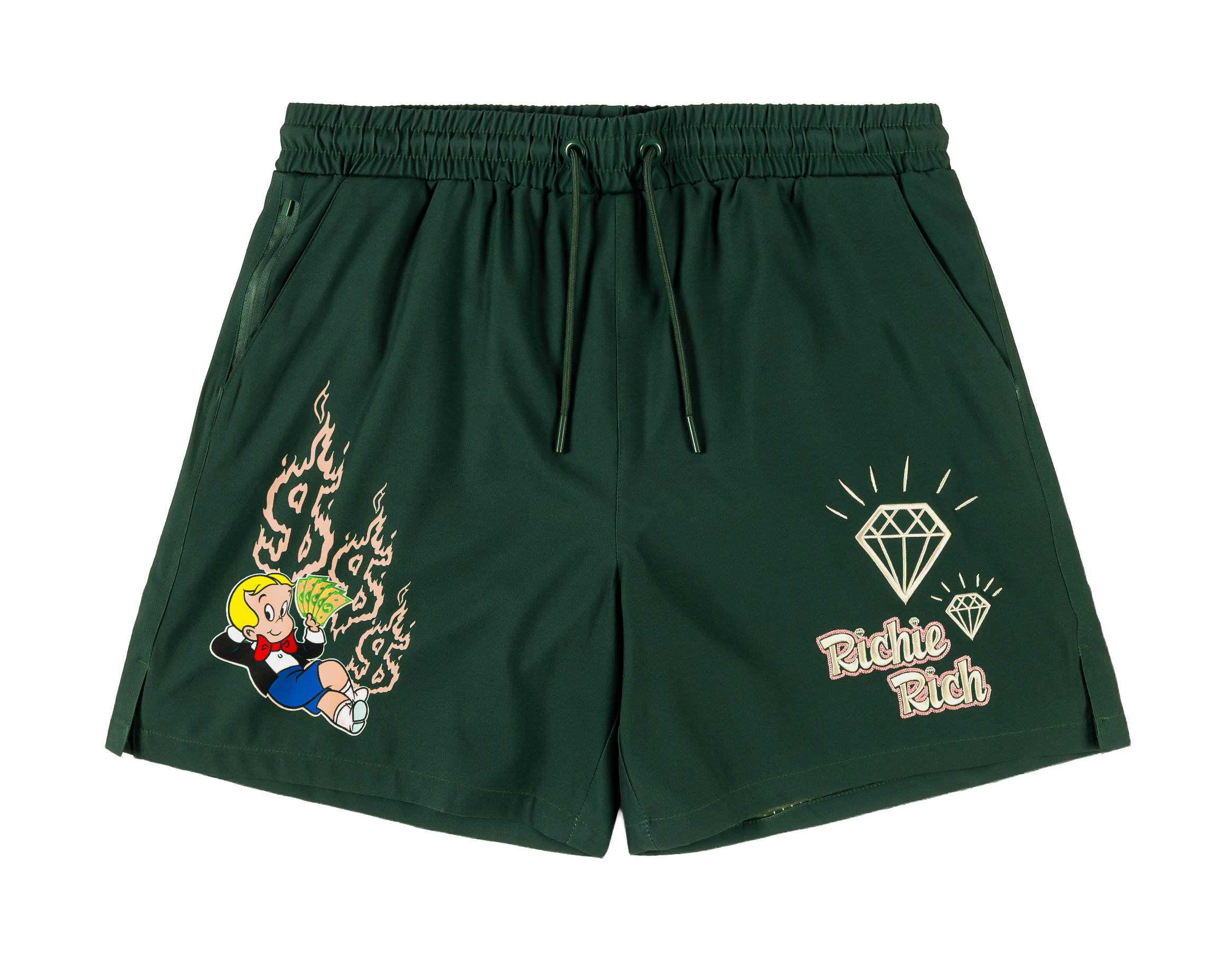 Green shorts with cartoon graphic and text design.