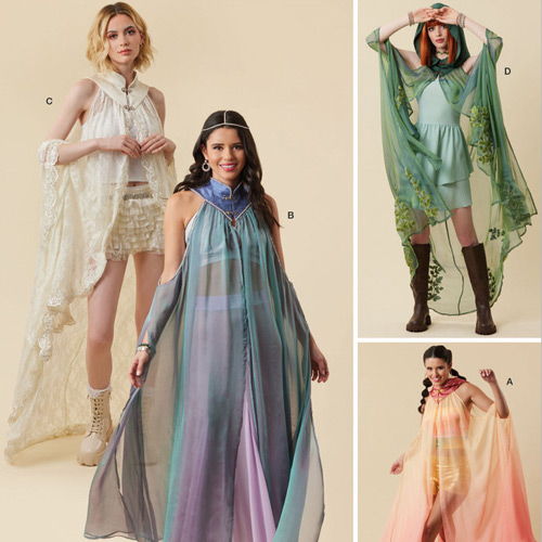 Three women modeling colorful, flowing dresses against a neutral background.