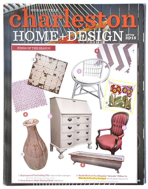 Charleston Home + Design magazine Spring 2015 featuring the Auricula cushion 
