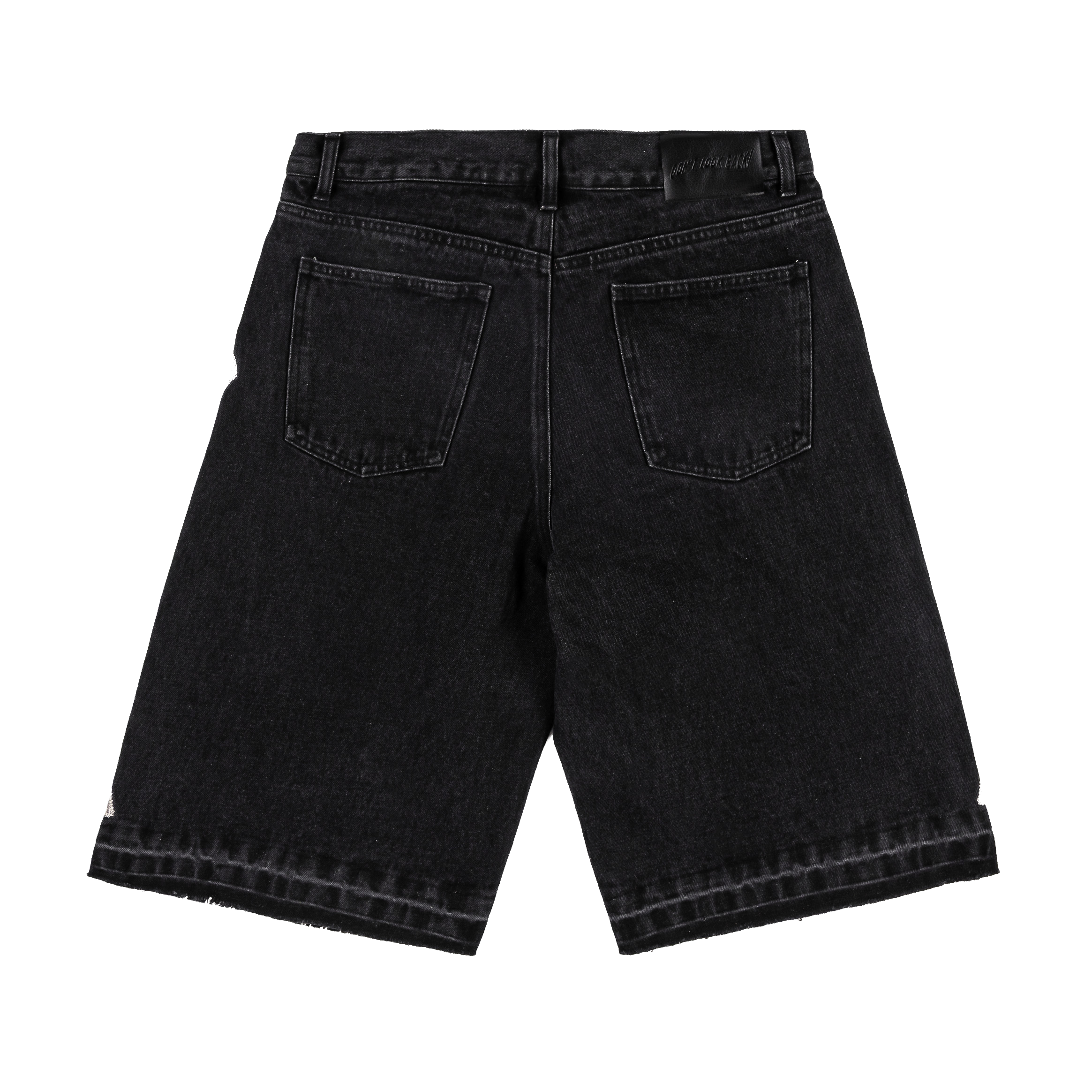 Black denim shorts featuring Mickey Mouse and bone graphics.
