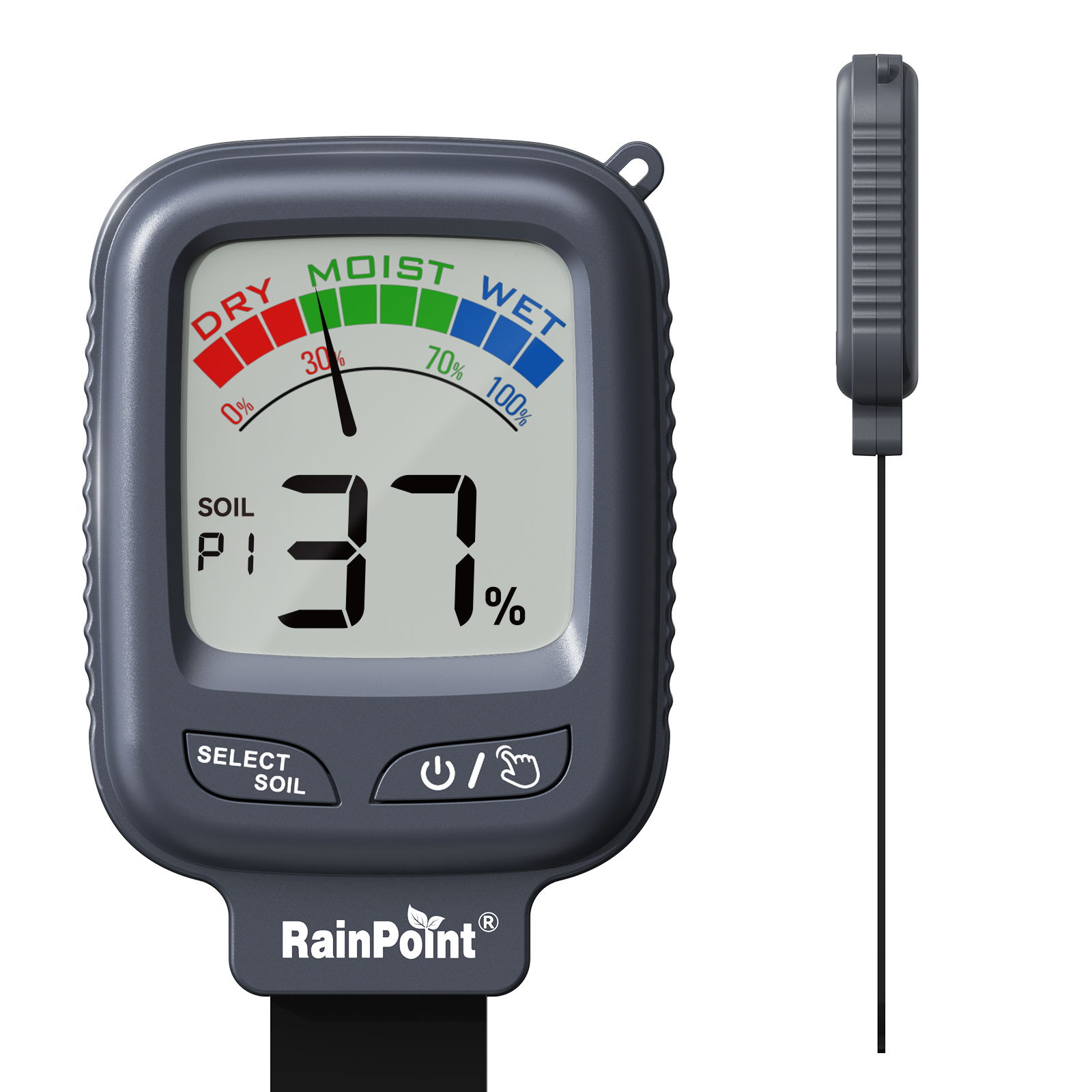 Soil moisture meter with digital display and probe.