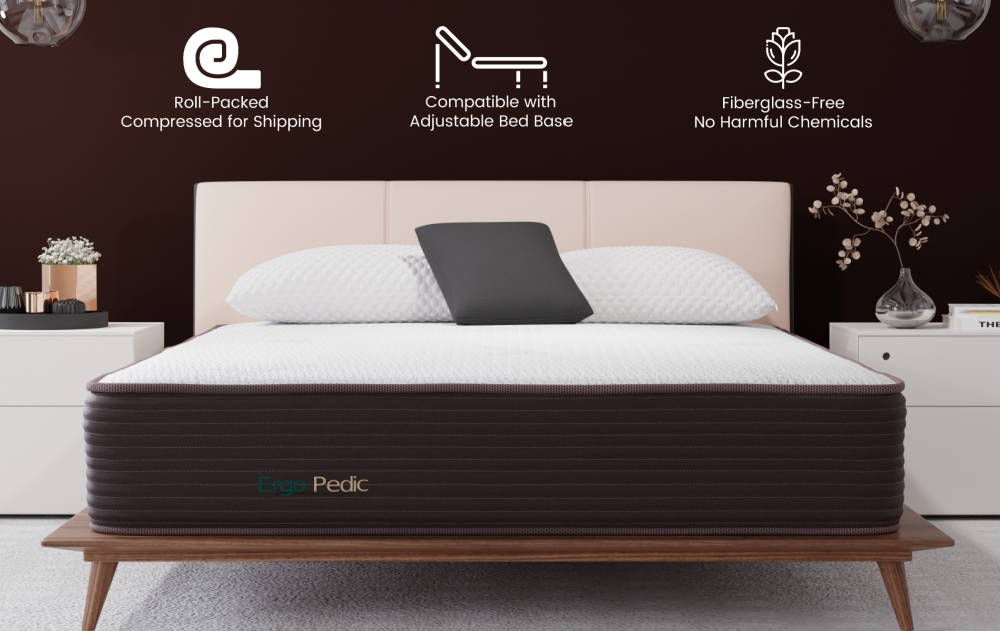 Hybrid Mattresses by Ergo-Pedic are roll-packed and compressed for shipping, fiberglass-free with no harmful chemicals, and are compatible with adjustable bases.