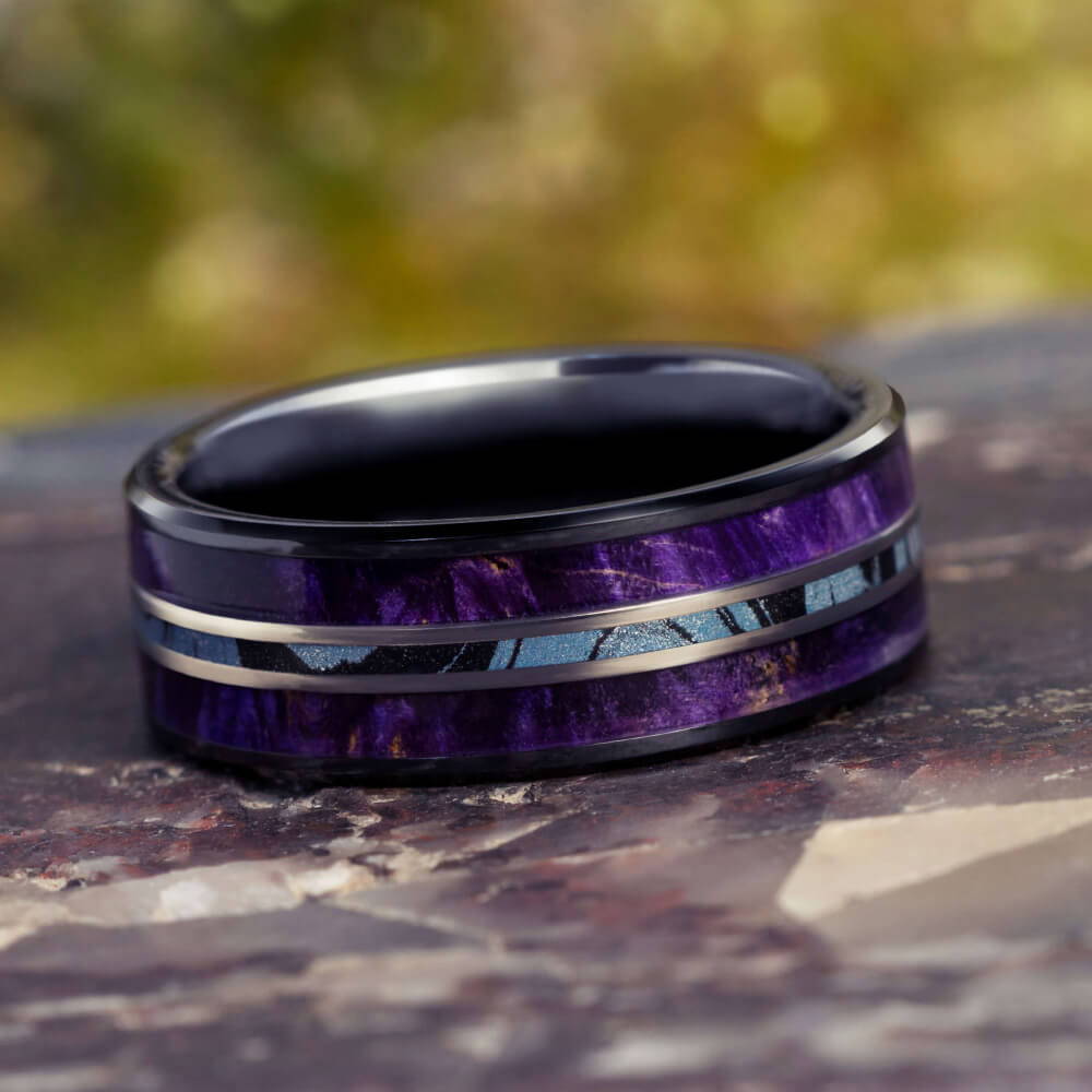 Purple Wood Ring in Black Ceramic