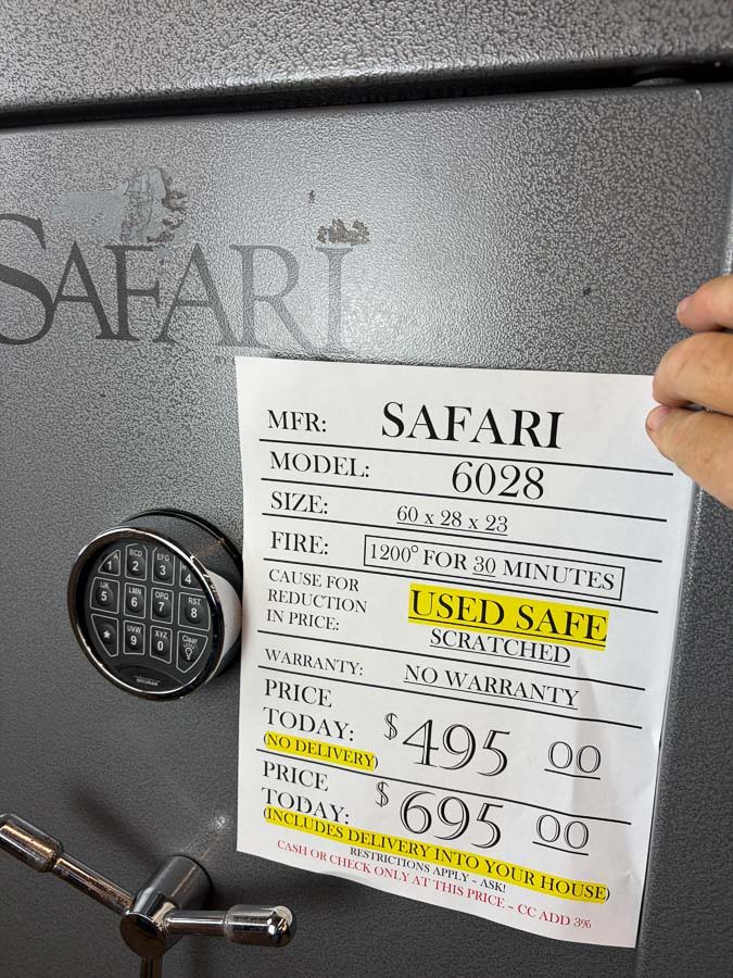 SAFARI gun safe exterior with sale price tag on door - SES spring cleaning sale