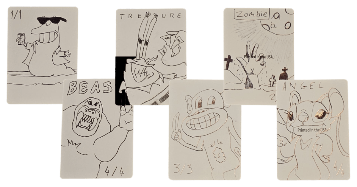 Drawings of various cartoon characters on cards with names and scores.
