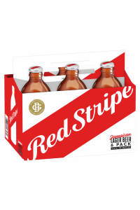 Four bottles of Red Stripe beer in a cardboard six-pack holder.