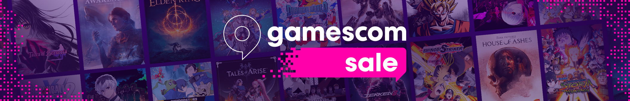 Gamescom sale promotional banner with colorful game images in the background.