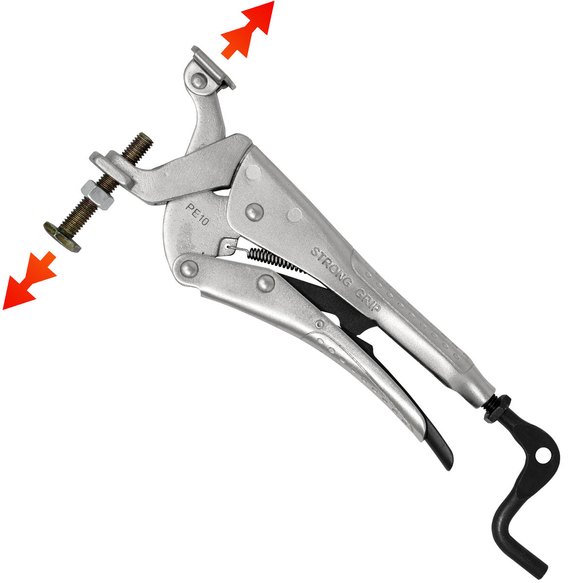 Adjustable locking pliers with a screw mechanism for gripping.