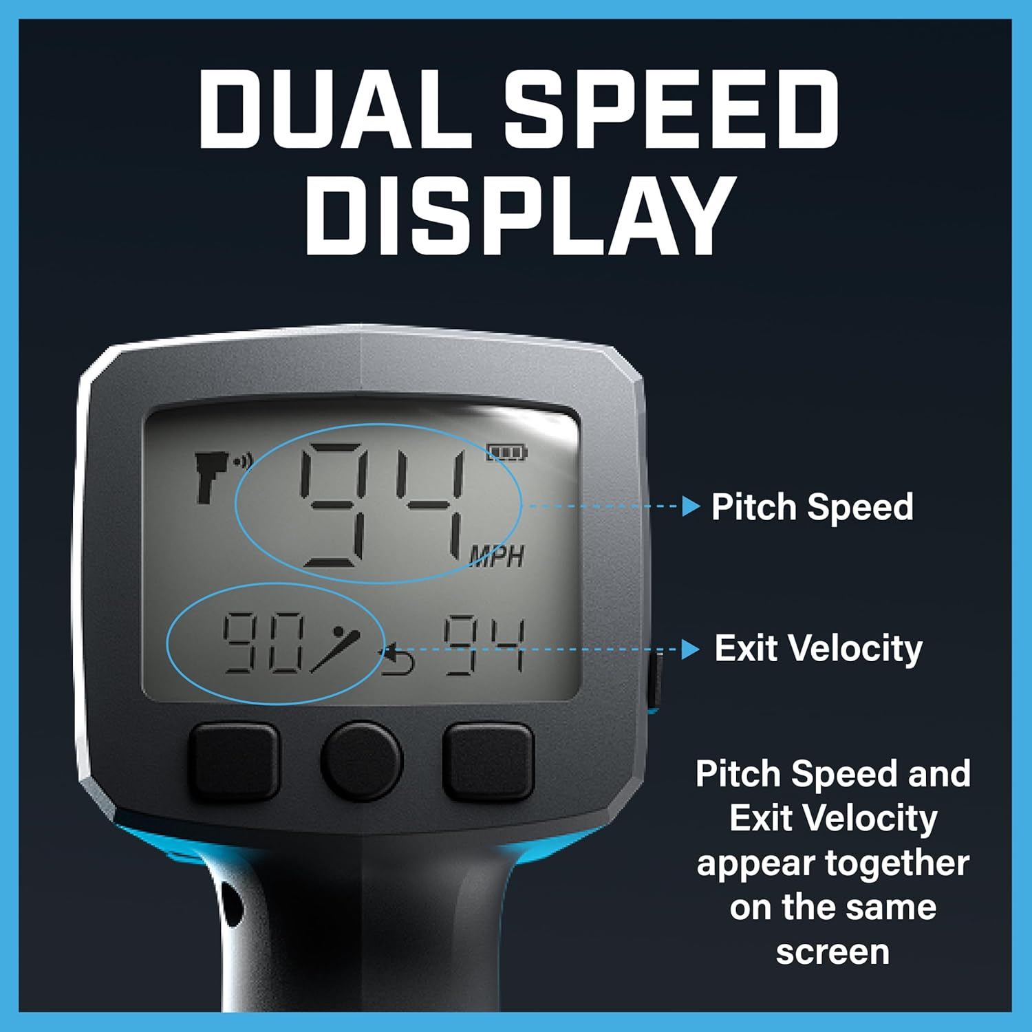 Display showing pitch speed and exit velocity measurements.