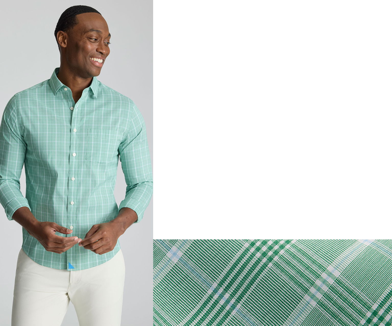 Smiling man in a green plaid shirt, holding sunglasses.