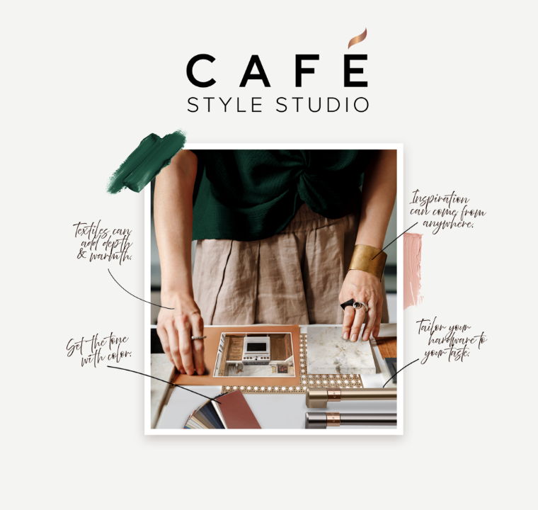 A person working on design materials in a cafe-style studio.